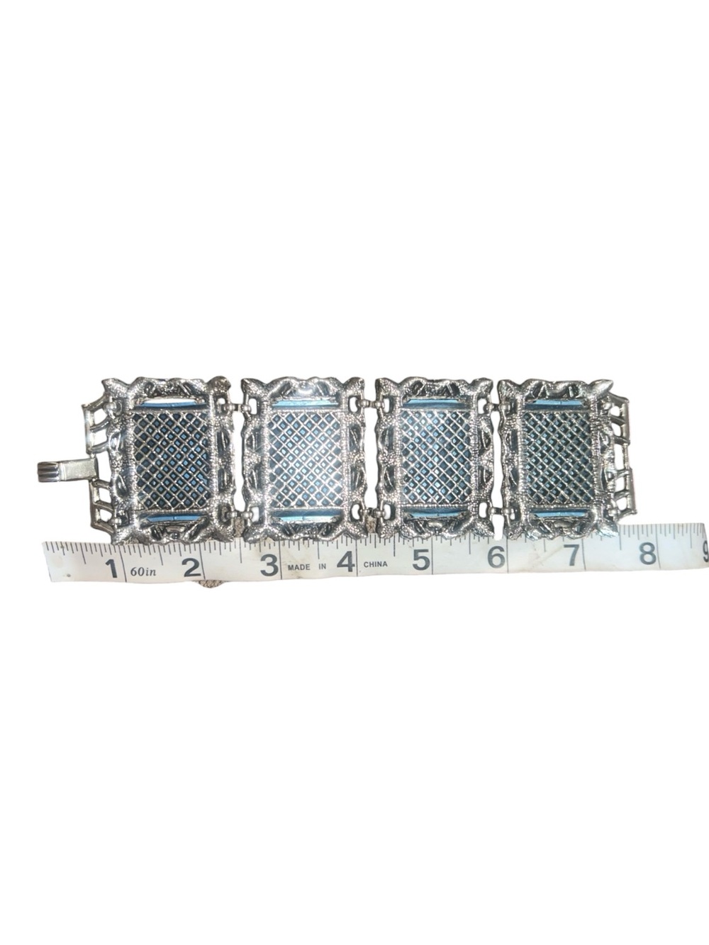 Whimsigoth Chunky Vintage Statement Bracelet  Blue Stones Scroll Work SilverTone - Picture 3 of 12